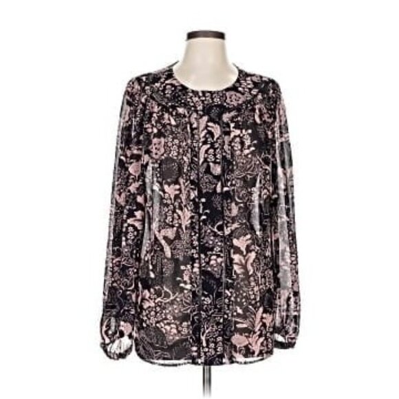 Ann Taylor Womens Black Pink Floral Blouse Large Long Sleeve Boho Peasant - Picture 3 of 11